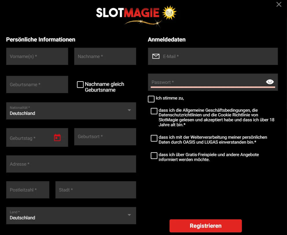 SlotMagie anmelden Block mit Feldern